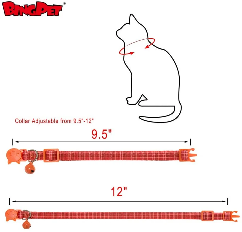 BINGPET - Collares de gato con campana, colores variados, patrones cuadrados, ajustables, paquete de 6 unidades