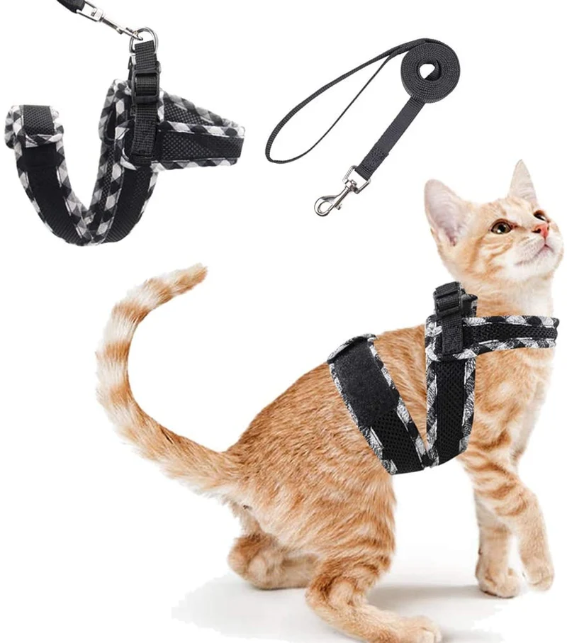 PUPTECK - Arnés para gato y correa para caminar, a prueba de escapes, chaleco arnés de malla con encaje a cuadros, correa ajustable en el pecho con 2 anillos de metal en D para gatitos, cachorros y mascotas pequeñas