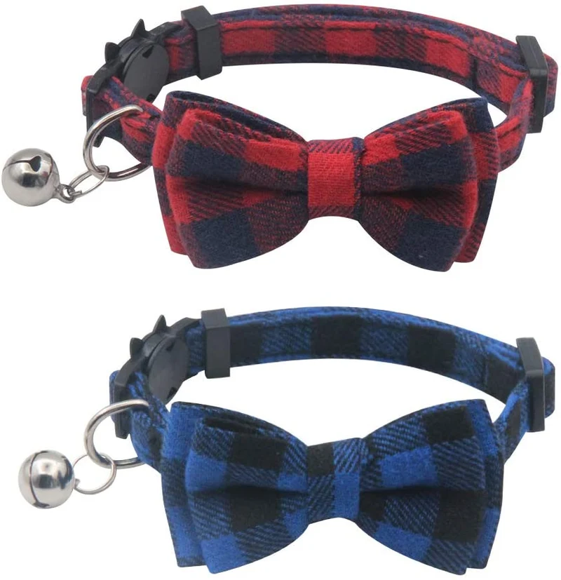 OFPUPPY - Juego de 2 collares para gatito con diseño de pajarita con campana y collar a cuadros para cachorro gatito ajustable de 7.8 a 10.2 pulgadas