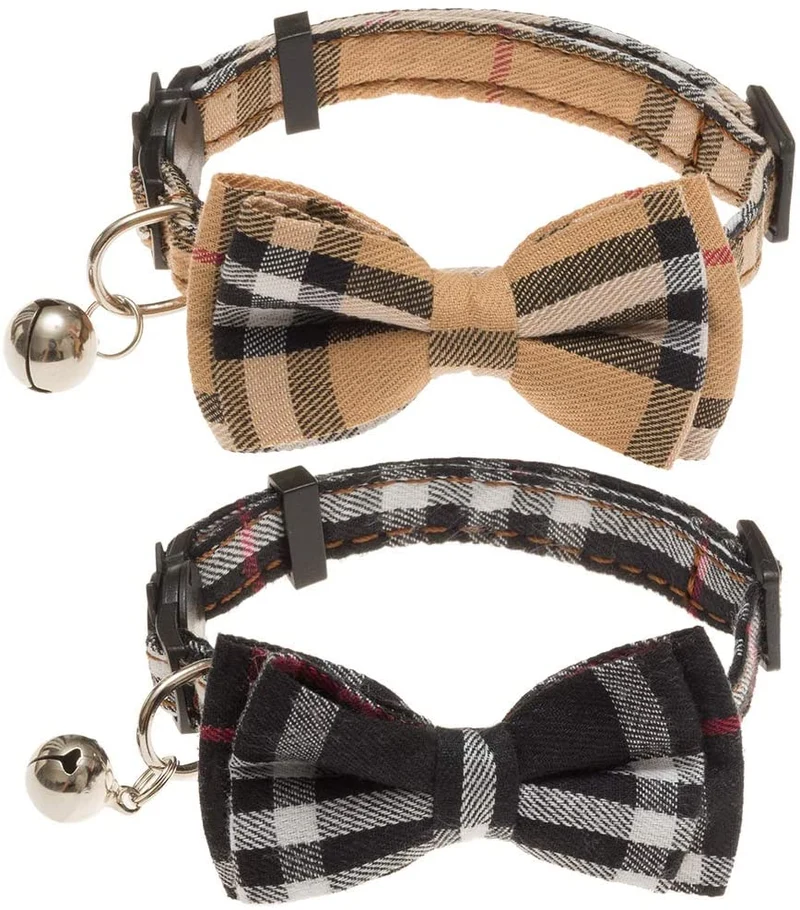 OFPUPPY - Juego de 2 collares para gatito con diseño de pajarita con campana y collar a cuadros para cachorro gatito ajustable de 7.8 a 10.2 pulgadas
