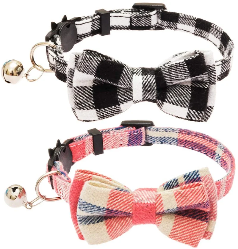 OFPUPPY - Juego de 2 collares para gatito con diseño de pajarita con campana y collar a cuadros para cachorro gatito ajustable de 7.8 a 10.2 pulgadas