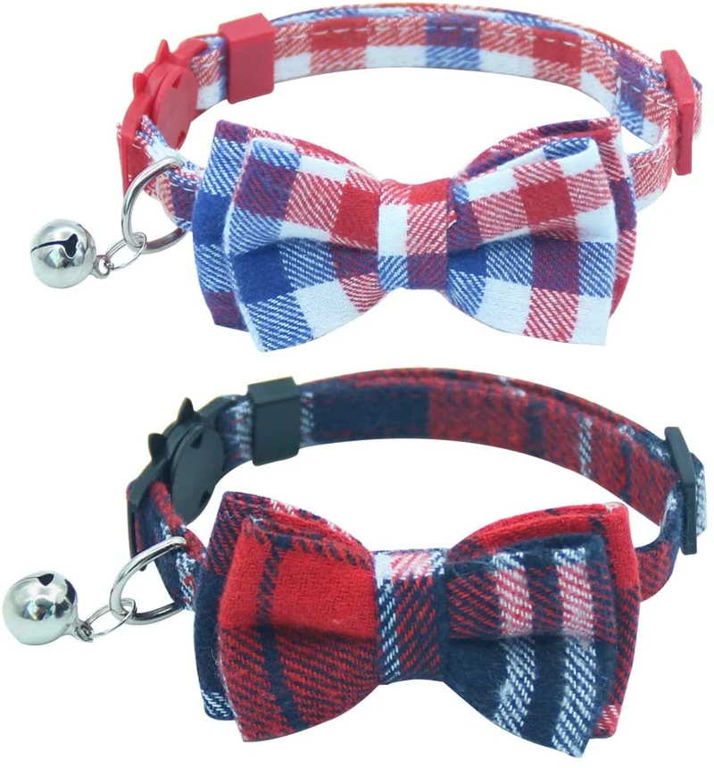 OFPUPPY - Juego de 2 collares para gatito con diseño de pajarita con campana y collar a cuadros para cachorro gatito ajustable de 7.8 a 10.2 pulgadas