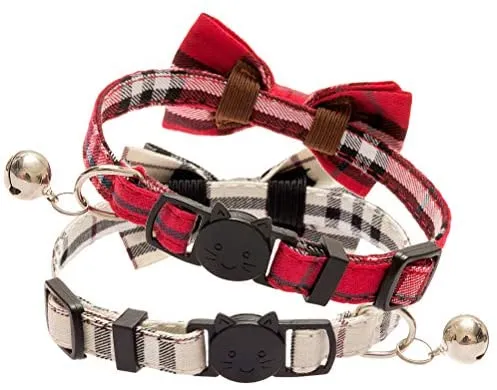 OFPUPPY - Juego de 2 collares para gatito con diseño de pajarita con campana y collar a cuadros para cachorro gatito ajustable de 7.8 a 10.2 pulgadas