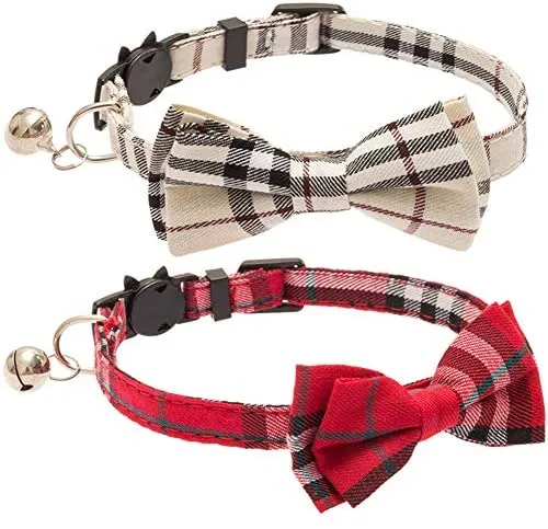 OFPUPPY - Juego de 2 collares para gatito con diseño de pajarita con campana y collar a cuadros para cachorro gatito ajustable de 7.8 a 10.2 pulgadas