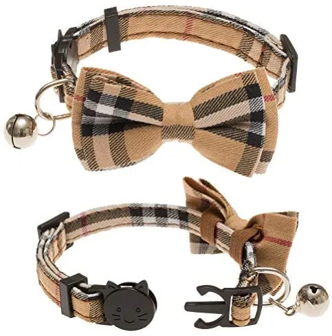 OFPUPPY - Juego de 2 collares para gatito con diseño de pajarita con campana y collar a cuadros para cachorro gatito ajustable de 7.8 a 10.2 pulgadas