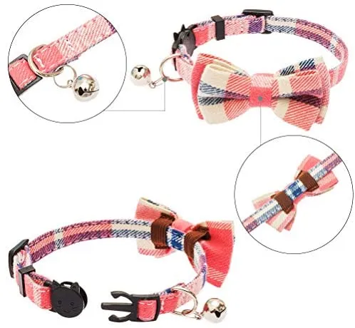 OFPUPPY - Juego de 2 collares para gatito con diseño de pajarita con campana y collar a cuadros para cachorro gatito ajustable de 7.8 a 10.2 pulgadas