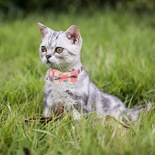 OFPUPPY - Juego de 2 collares para gatito con diseño de pajarita con campana y collar a cuadros para cachorro gatito ajustable de 7.8 a 10.2 pulgadas