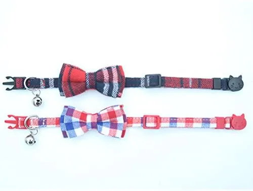 OFPUPPY - Juego de 2 collares para gatito con diseño de pajarita con campana y collar a cuadros para cachorro gatito ajustable de 7.8 a 10.2 pulgadas