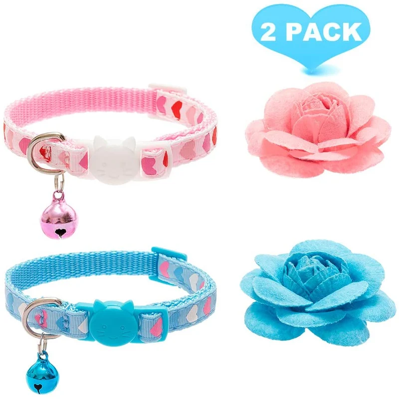 PUPTECK - Collar de gato con accesorios de flores extraíbles y campana – ajustable, desprendimiento