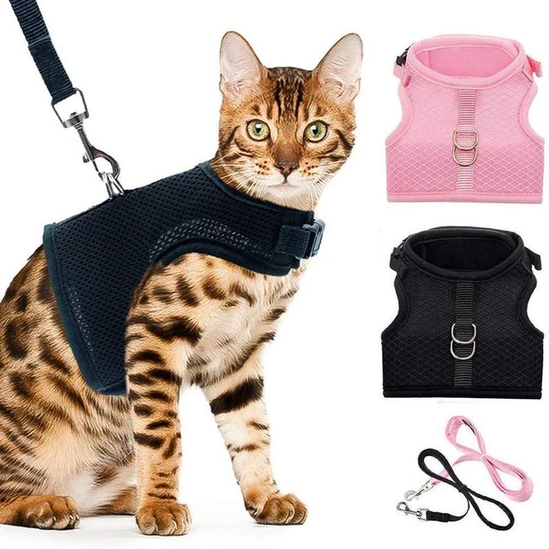 PUPTECK Juego de arnés para gatos a prueba de fugas, con correas, malla suave ajustable en negro y rosa, ideal para caminar fresco