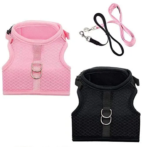 PUPTECK Juego de arnés para gatos a prueba de fugas, con correas, malla suave ajustable en negro y rosa, ideal para caminar fresco