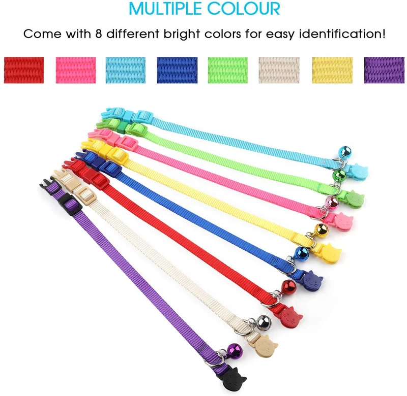 Milliepet - 8 collares de gato rompiendo con campana de nailon colorido ajustable para Kitty