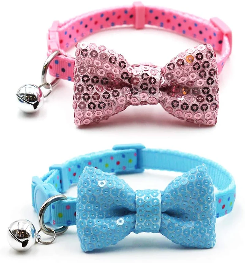 Collar de gato azuza con campana, ajustable para gato con pajarita, collares de seguridad para gatos, paquete de 2
