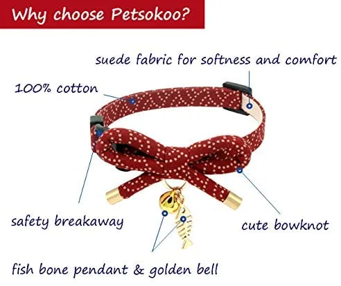 PetSoKoo - Collar para gato con campana Elegante lazo con colgante de hueso de pez. Rotura de seguridad, peso ligero, suave, duradero.