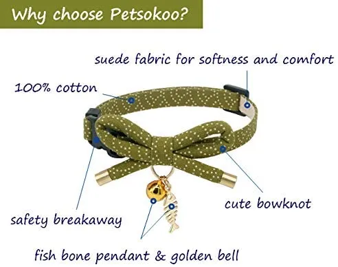 PetSoKoo - Collar para gato con campana Elegante lazo con colgante de hueso de pez. Rotura de seguridad, peso ligero, suave, duradero.