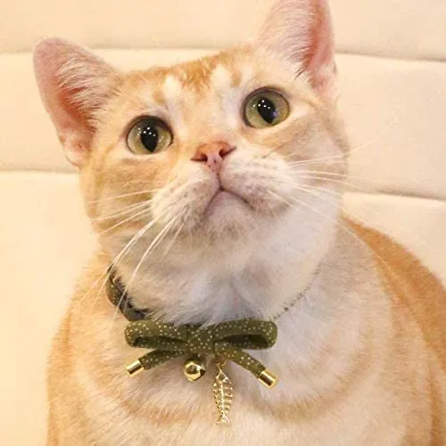 PetSoKoo - Collar para gato con campana Elegante lazo con colgante de hueso de pez. Rotura de seguridad, peso ligero, suave, duradero.