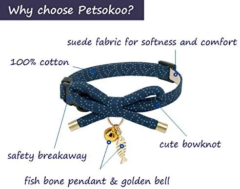 PetSoKoo - Collar para gato con campana Elegante lazo con colgante de hueso de pez. Rotura de seguridad, peso ligero, suave, duradero.