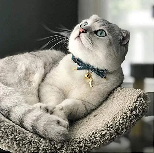 PetSoKoo - Collar para gato con campana Elegante lazo con colgante de hueso de pez. Rotura de seguridad, peso ligero, suave, duradero.