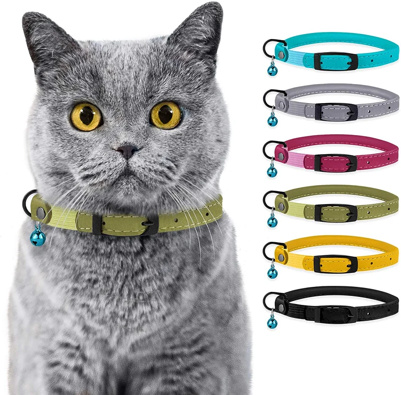 Bronzedog - Collar de piel para gato, con cascabel, color negro, azul, rosa, verde, amarillo y gris