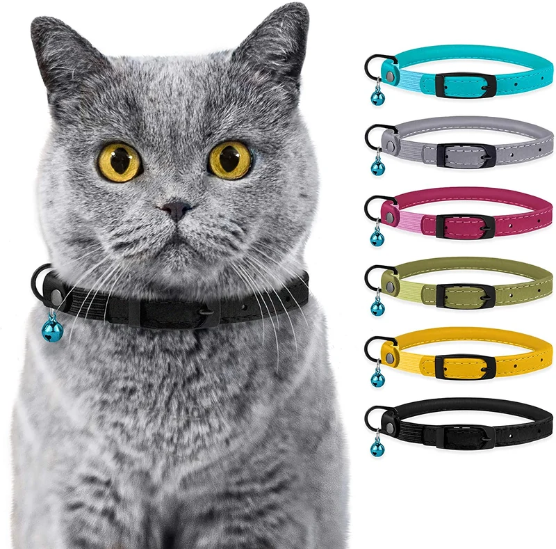 Bronzedog - Collar de piel para gato, con cascabel, color negro, azul, rosa, verde, amarillo y gris