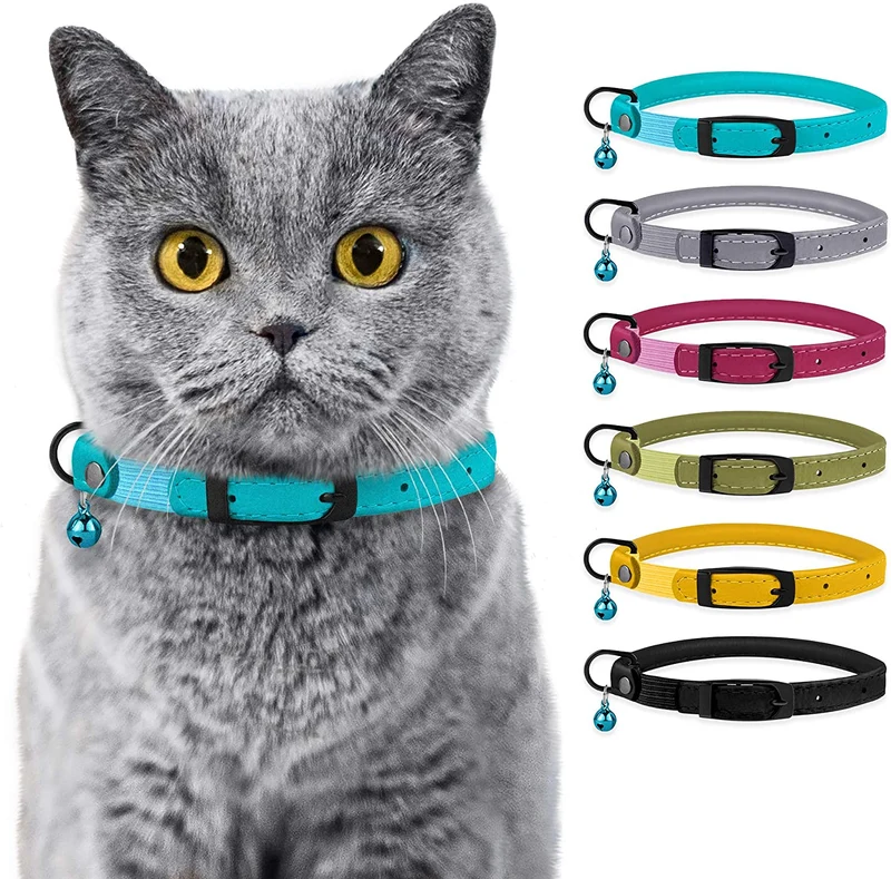 Bronzedog - Collar de piel para gato, con cascabel, color negro, azul, rosa, verde, amarillo y gris