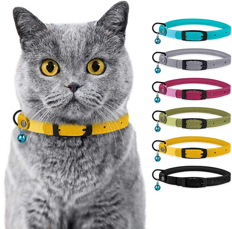 Bronzedog - Collar de piel para gato, con cascabel, color negro, azul, rosa, verde, amarillo y gris