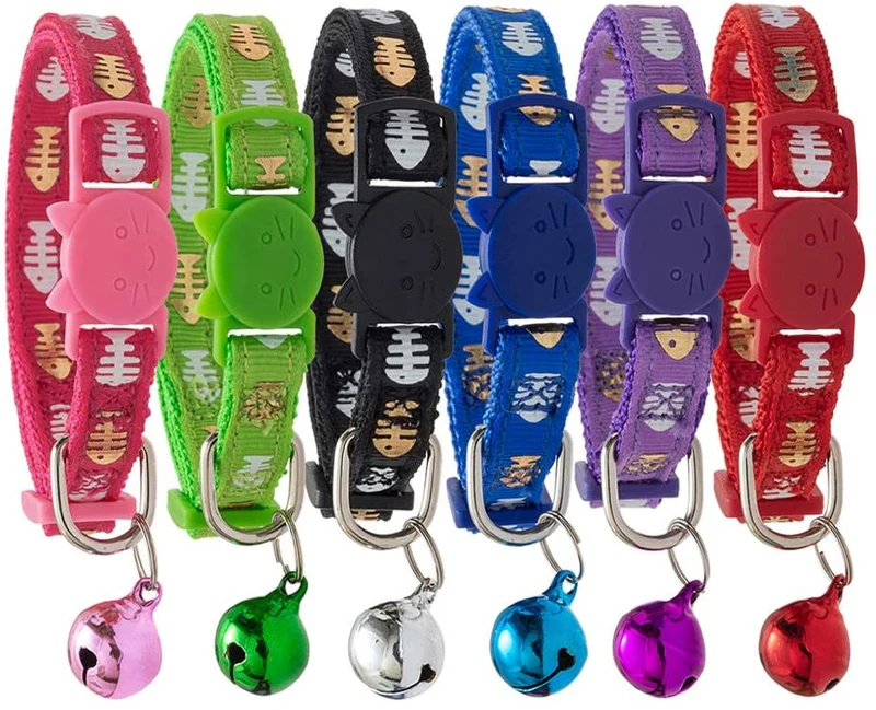 SCENEREAL - Collar de gato con campana, 6 unidades, de nailon con estampado a la moda, collar ajustable de seguridad con campanas de colores extraíbles para gatos, cachorros