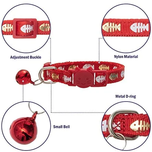 SCENEREAL - Collar de gato con campana, 6 unidades, de nailon con estampado a la moda, collar ajustable de seguridad con campanas de colores extraíbles para gatos, cachorros