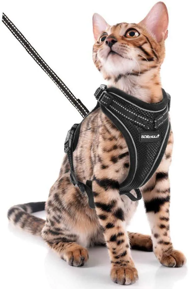 SCIROKKO Arnés y correa para gatos – Arnés ajustable a prueba de escape para cachorro para exteriores con correa reflectante 3M, malla suave con clip de metal chaqueta caminante para gatito conejo