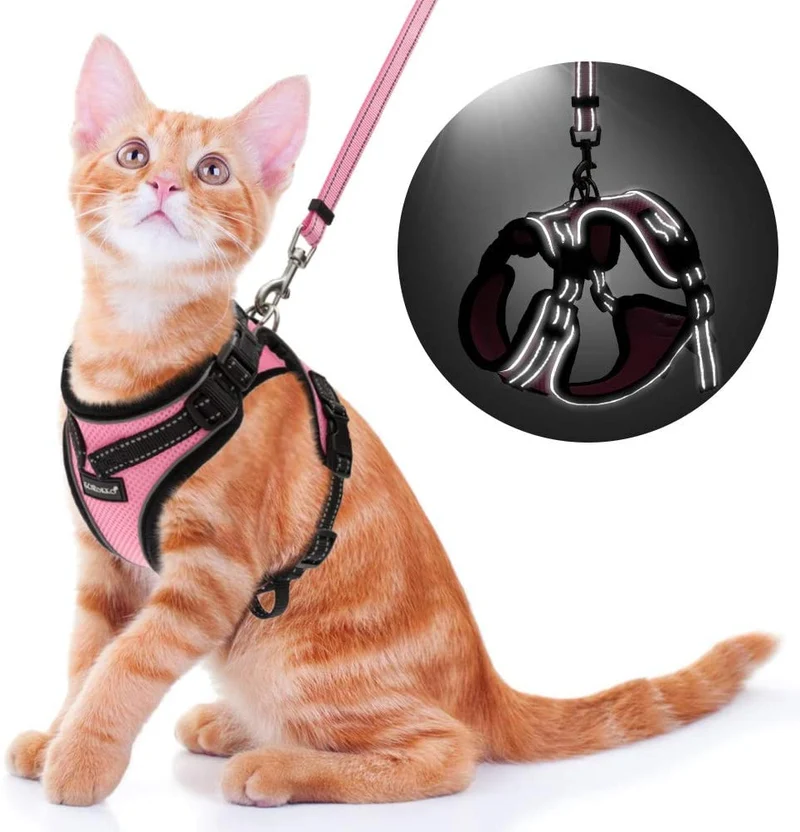 SCIROKKO Arnés y correa para gatos – Arnés ajustable a prueba de escape para cachorro para exteriores con correa reflectante 3M, malla suave con clip de metal chaqueta caminante para gatito conejo