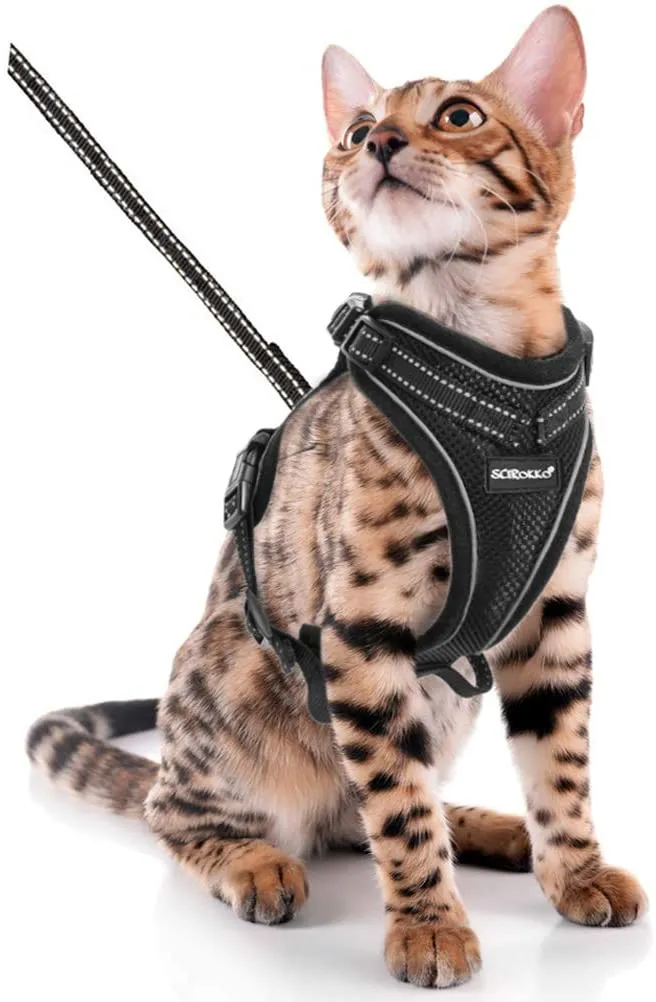 SCIROKKO Arnés y correa para gatos – Arnés ajustable a prueba de escape para cachorro para exteriores con correa reflectante 3M, malla suave con clip de metal chaqueta caminante para gatito conejo