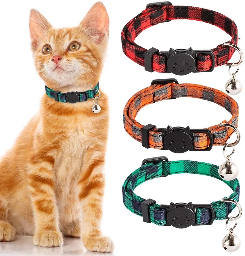 PUPTECK Collar para gato con campana – Juego de 3 collares para gato a cuadros Breakaway, collares de seguridad ajustables para cachorro, naranja, rojo y verde