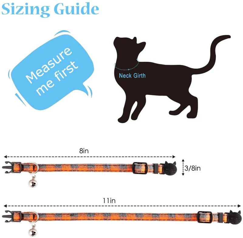 PUPTECK Collar para gato con campana – Juego de 3 collares para gato a cuadros Breakaway, collares de seguridad ajustables para cachorro, naranja, rojo y verde