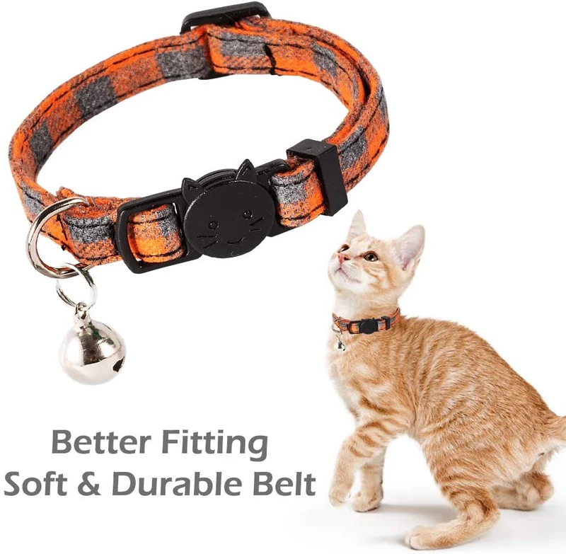 PUPTECK Collar para gato con campana – Juego de 3 collares para gato a cuadros Breakaway, collares de seguridad ajustables para cachorro, naranja, rojo y verde