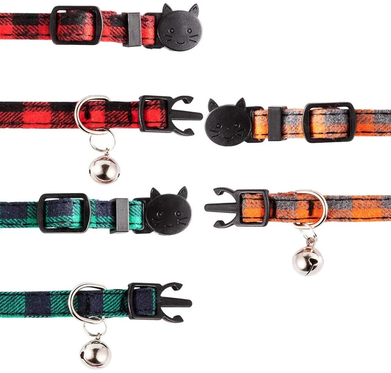 PUPTECK Collar para gato con campana – Juego de 3 collares para gato a cuadros Breakaway, collares de seguridad ajustables para cachorro, naranja, rojo y verde