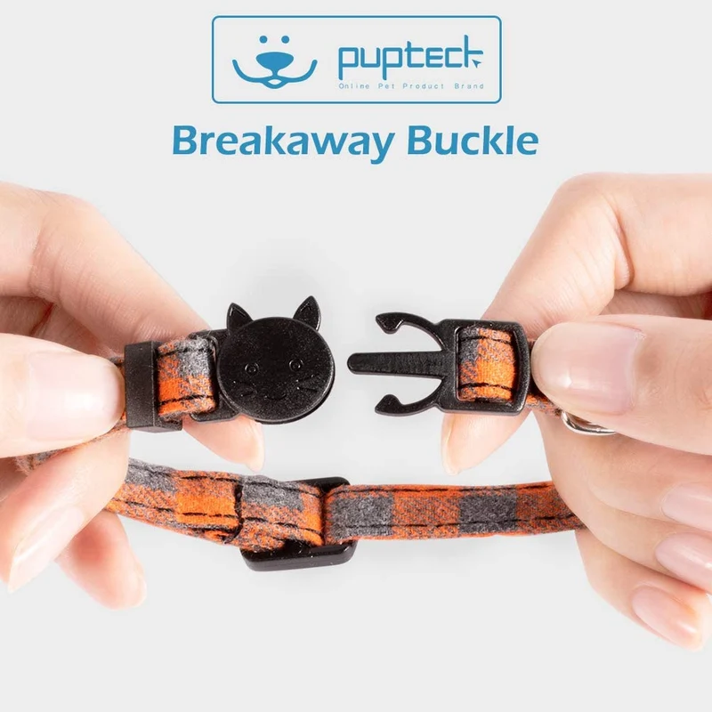 PUPTECK Collar para gato con campana – Juego de 3 collares para gato a cuadros Breakaway, collares de seguridad ajustables para cachorro, naranja, rojo y verde