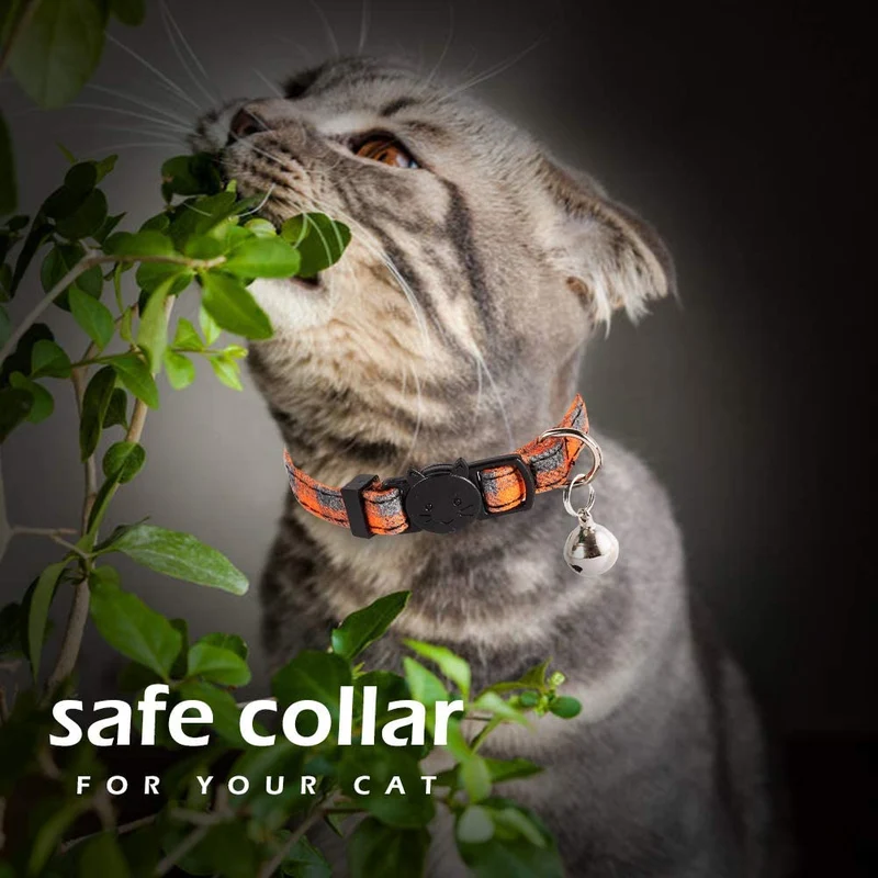 PUPTECK Collar para gato con campana – Juego de 3 collares para gato a cuadros Breakaway, collares de seguridad ajustables para cachorro, naranja, rojo y verde