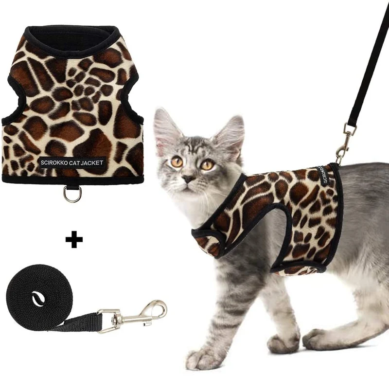 SCIROKKO - Arnés y correa para gato, a prueba de escape, ajustable, para caminar al aire libre, chaqueta con hebilla de seguridad, estampado de leopardo
