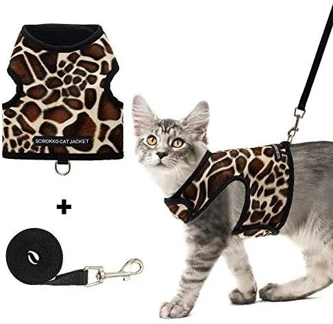 SCIROKKO - Arnés y correa para gato, a prueba de escape, ajustable, para caminar al aire libre, chaqueta con hebilla de seguridad, estampado de leopardo