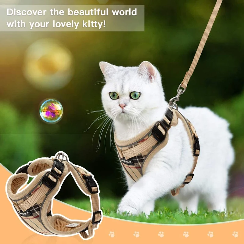 SCIROKKO - Arnés y correa para gato – Arnés ajustable para cachorro a prueba de fugas para exterior con correa reflectante 3M, malla suave con clip de metal para gato chaqueta para caminar para gatito conejo, A cuadros