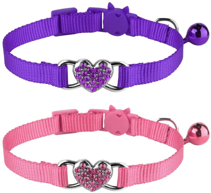 Mtliepte 2 Pcs Cat Collars Heart Bling Breakaway with Bell Nylon Adjustable for Kitty