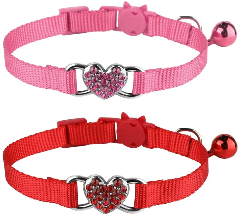 Mtliepte 2 Pcs Cat Collars Heart Bling Breakaway with Bell Nylon Adjustable for Kitty