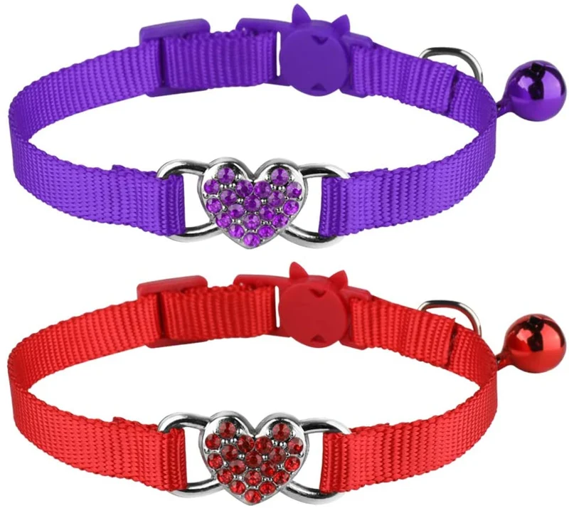Mtliepte 2 Pcs Cat Collars Heart Bling Breakaway with Bell Nylon Adjustable for Kitty