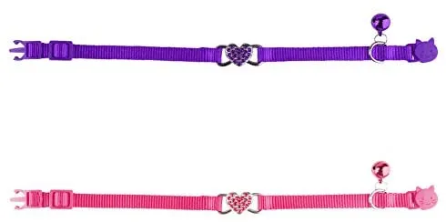 Mtliepte 2 Pcs Cat Collars Heart Bling Breakaway with Bell Nylon Adjustable for Kitty