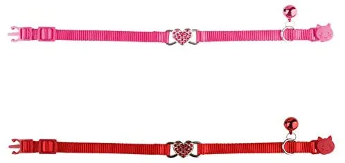 Mtliepte 2 Pcs Cat Collars Heart Bling Breakaway with Bell Nylon Adjustable for Kitty