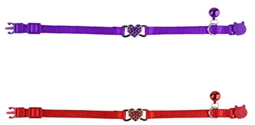 Mtliepte 2 Pcs Cat Collars Heart Bling Breakaway with Bell Nylon Adjustable for Kitty
