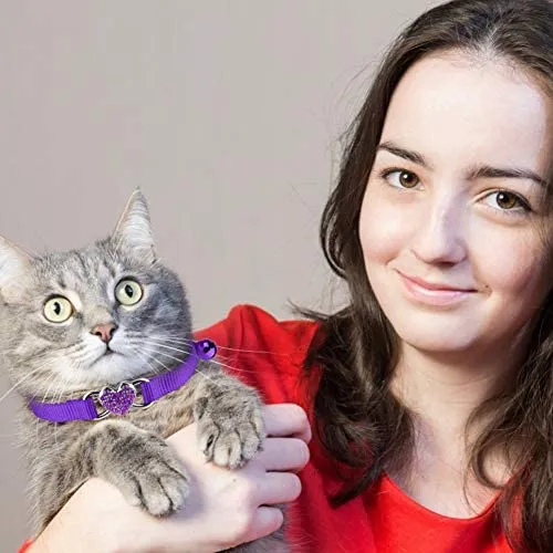 Mtliepte 2 Pcs Cat Collars Heart Bling Breakaway with Bell Nylon Adjustable for Kitty