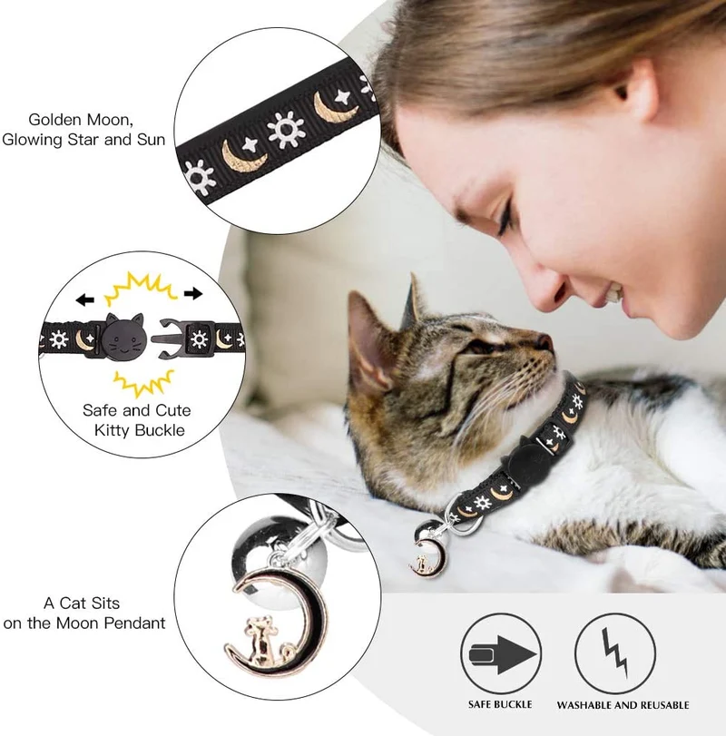 3PCS Breakaway Cat Collars with Bell Golden Moon Glowing Sun and Star in The Dark for Kitten with Pendant