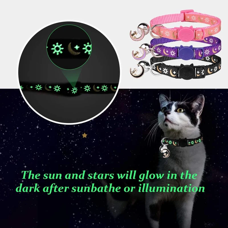 3PCS Breakaway Cat Collars with Bell Golden Moon Glowing Sun and Star in The Dark for Kitten with Pendant