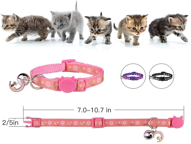 3PCS Breakaway Cat Collars with Bell Golden Moon Glowing Sun and Star in The Dark for Kitten with Pendant